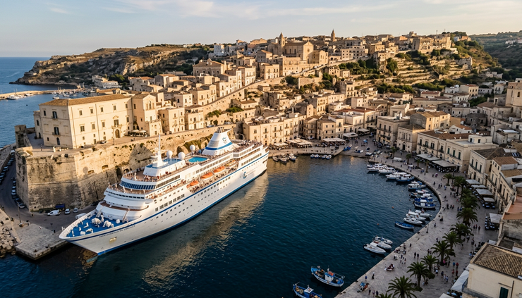 High-angle view of a Mediterranean cruise ship docked near a historic European harbour.