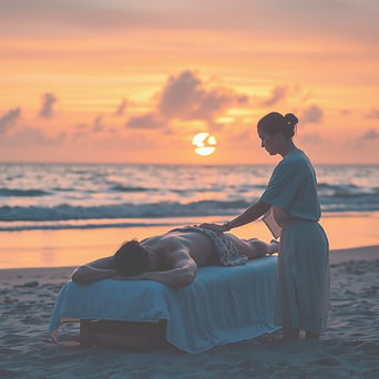 a person giving a massage on a beach dur