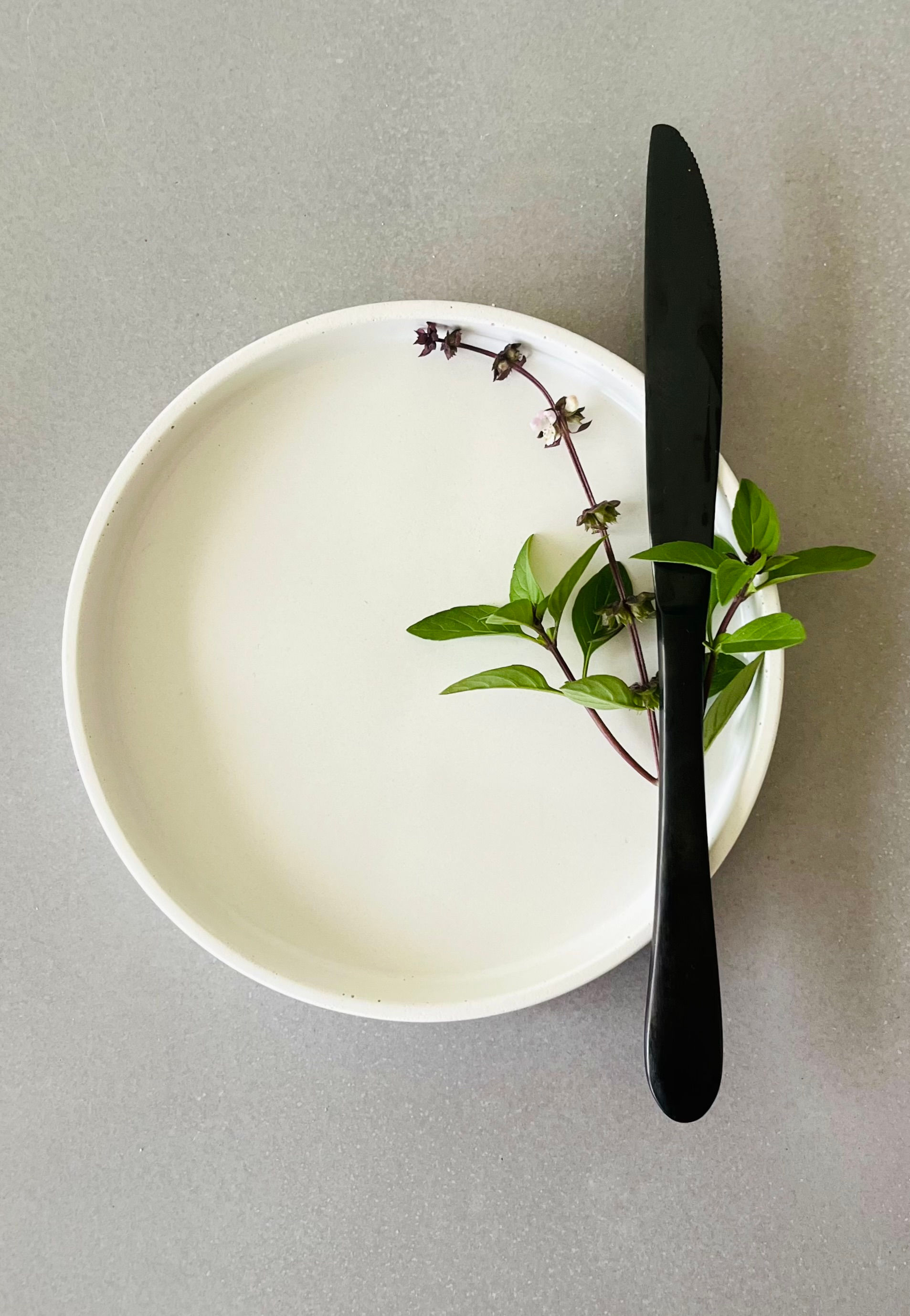Small Sago White concrete plate with black knife and sprig of herbs for decoration