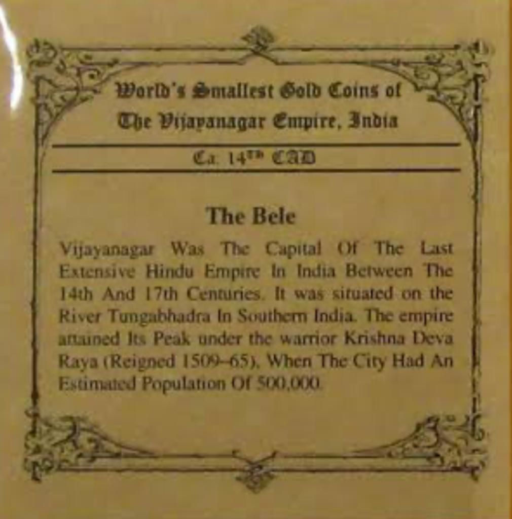 World Smallest gold coin Bele of Vijayanagar Dynasty