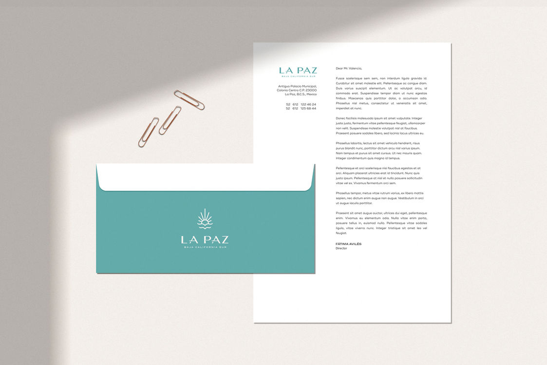 Mockup of La Paz stationary from envelopes to letterhead