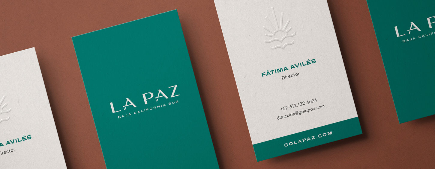 Mockup of La Paz business cards in green