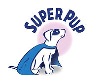 SuperPup logo - image of a puppy sitting facing the right, wearing a blue superhero cape and mask