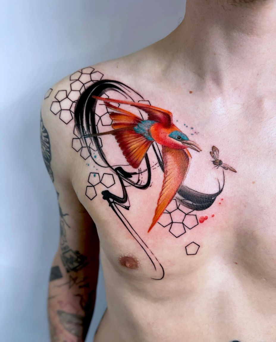 avant-garde bird tattoo, watercolour brush strokes, chest, artist Lavale