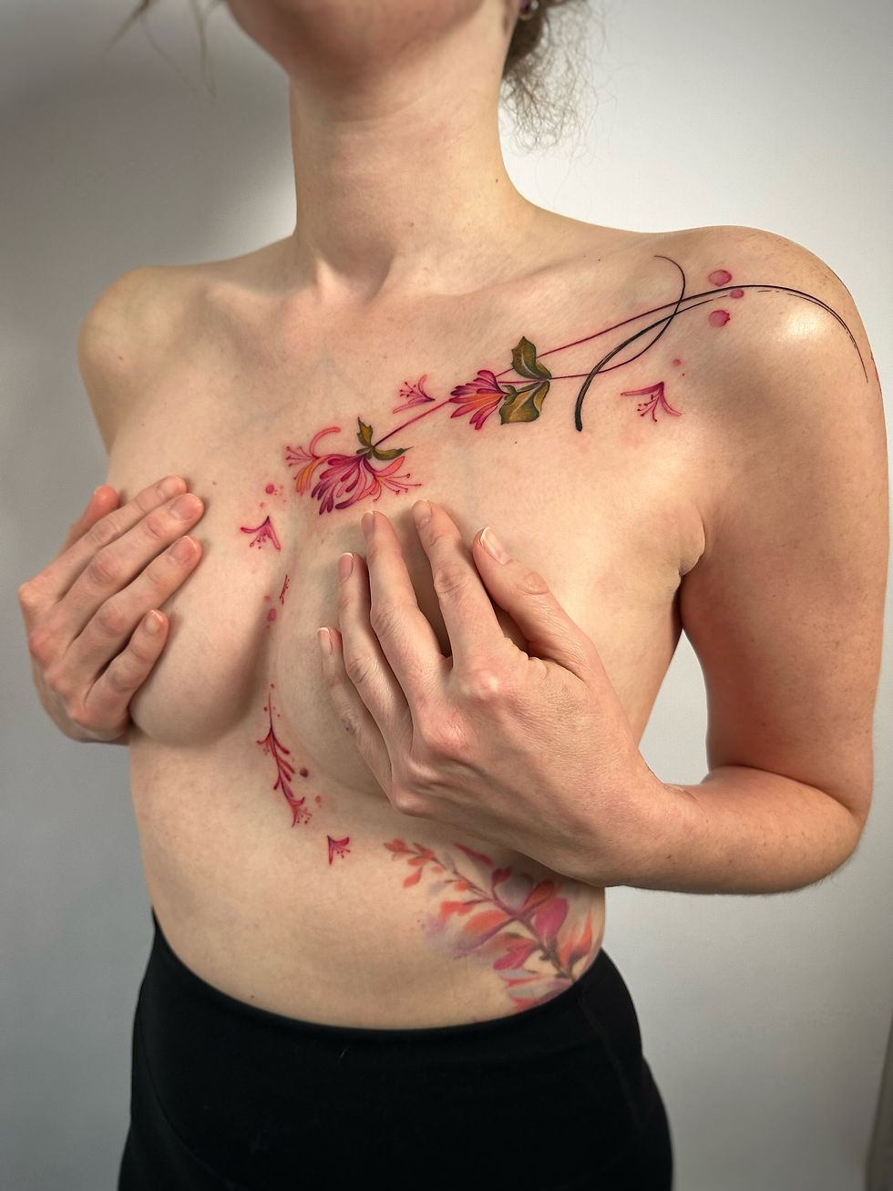 watercolour botanical tattoo, chest sternum and side, artist Lavale