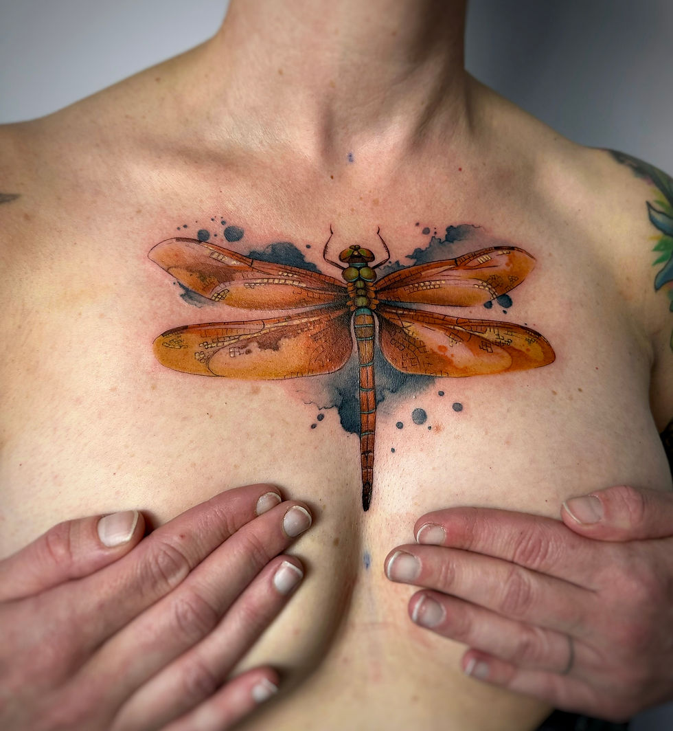 dragonfly chest tattoo, artist Lavale