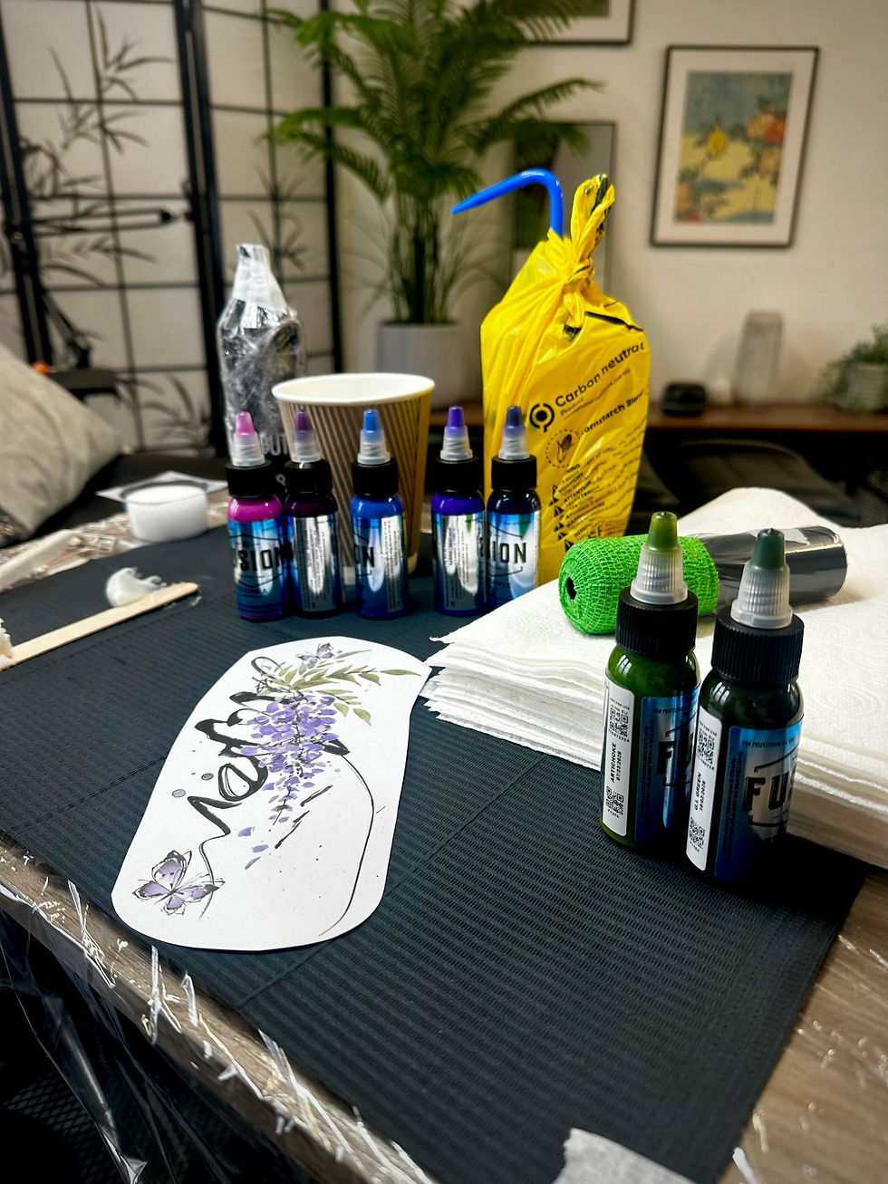 tattoo station set up for a watercolour floral tattoo in Chippenham, Wiltshire
