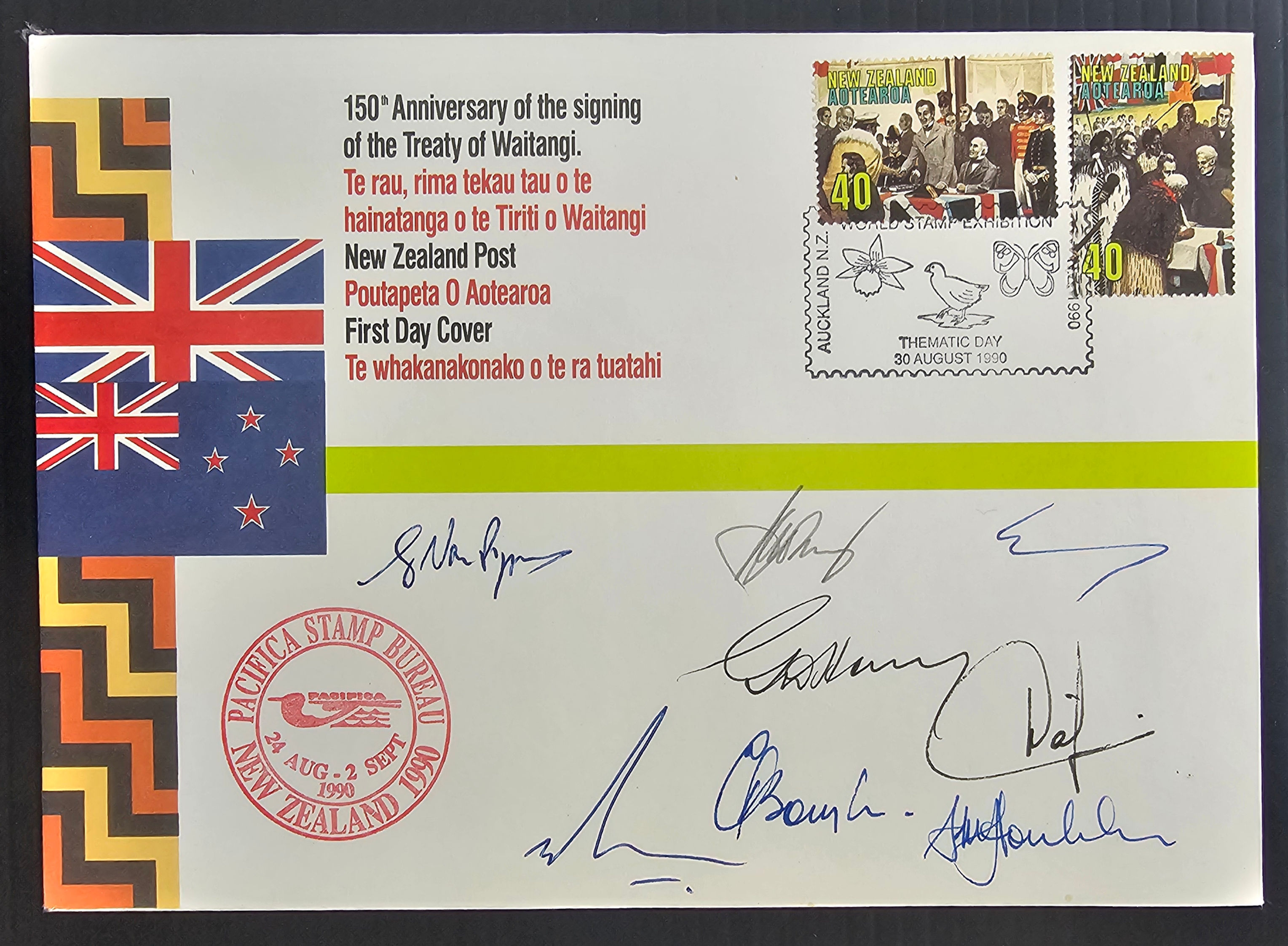 1990 New Zealand Waitangi Anniv Cover 2 Stamps cd Auckland w Sigs