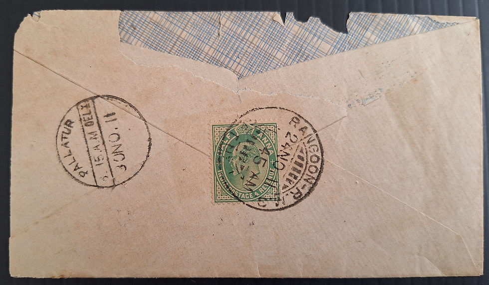 Thumbnail: 1911 India Cover ties 1/2A stamp cd Rangoon-Pallatur