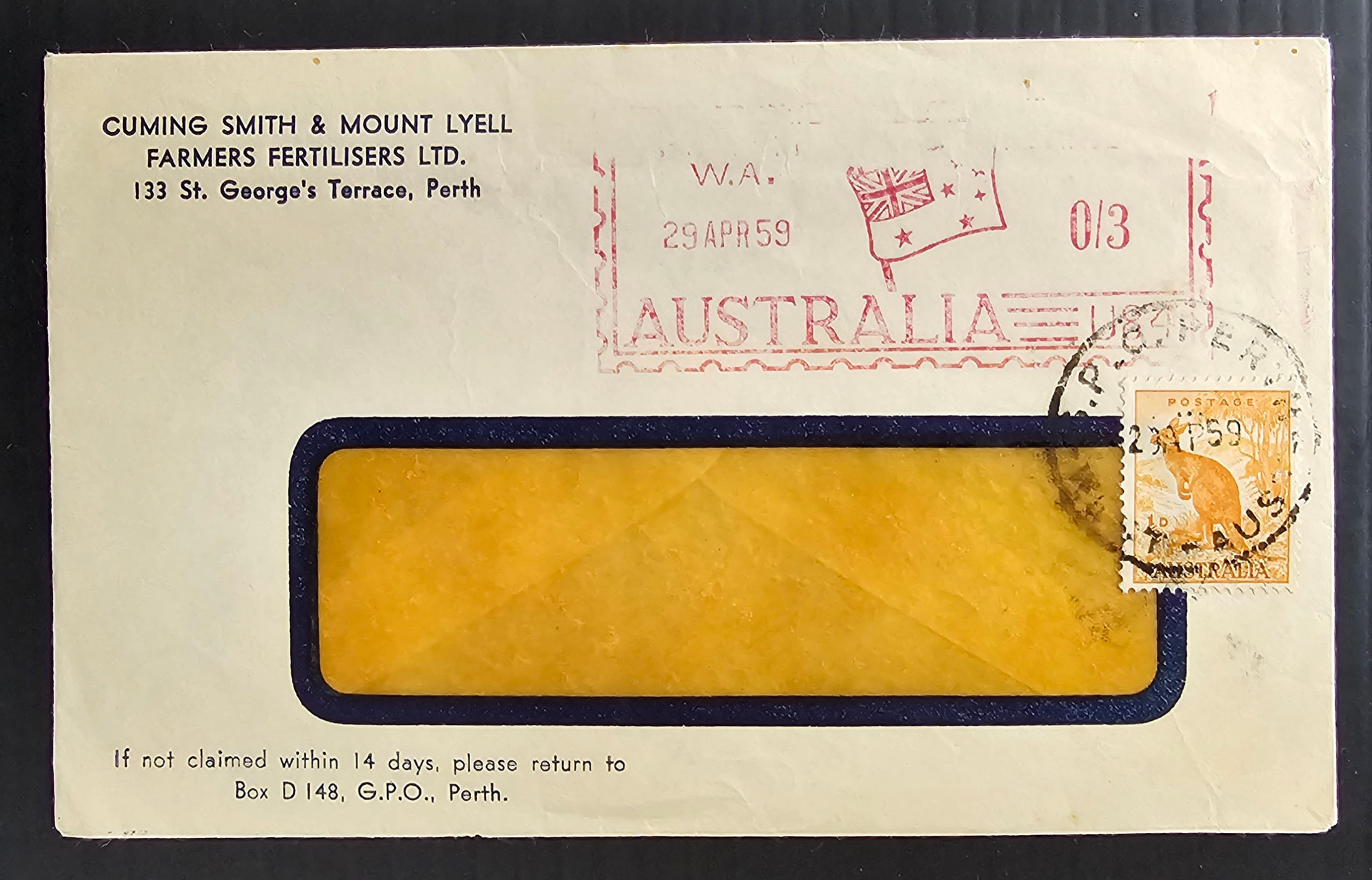 1959 Australia Wdw Cover Cuming Smith Mt Lyell frmrs Frtilisrs Ltd Perth Mtr cds
