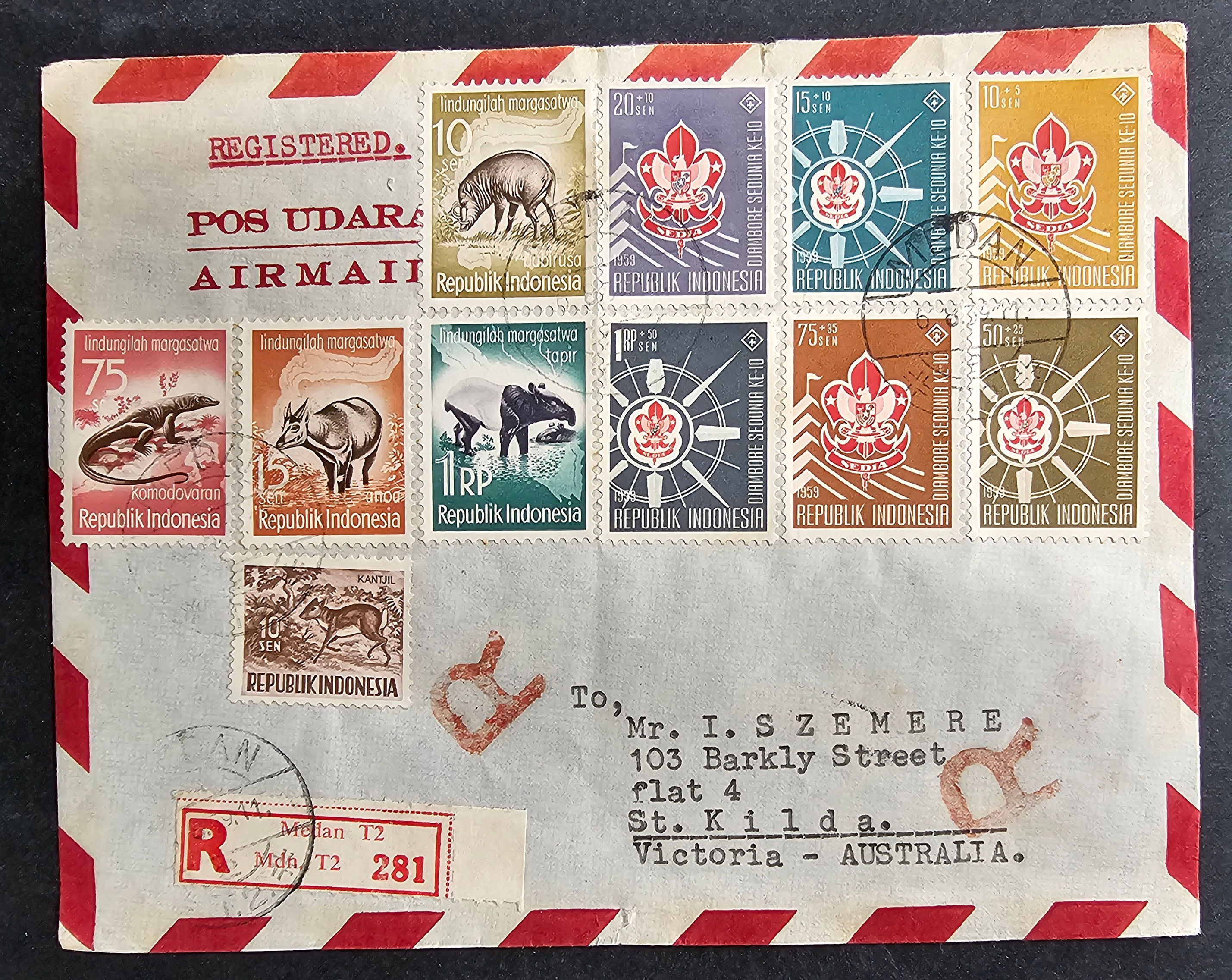 1959 Indonesia Reg Airmail Cover 11 stamps cd Medan-St Kilda
