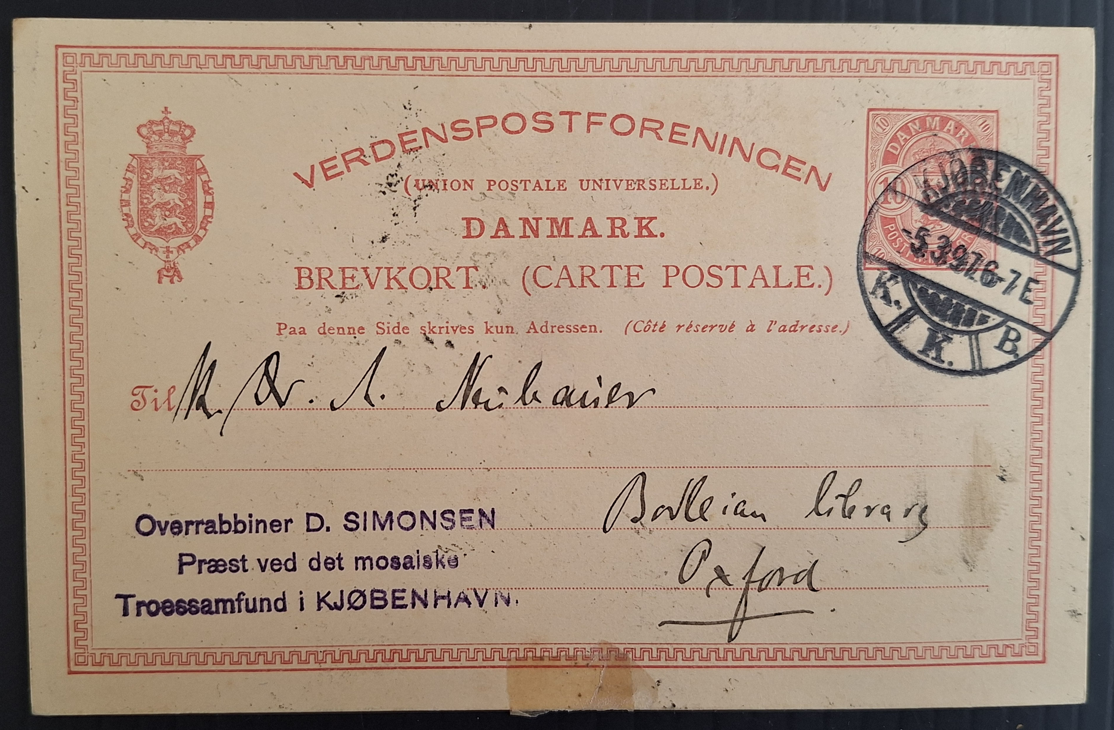 1897 Denmark 10 Ore Stamped Postcard cd Copenhagen-Oxford
