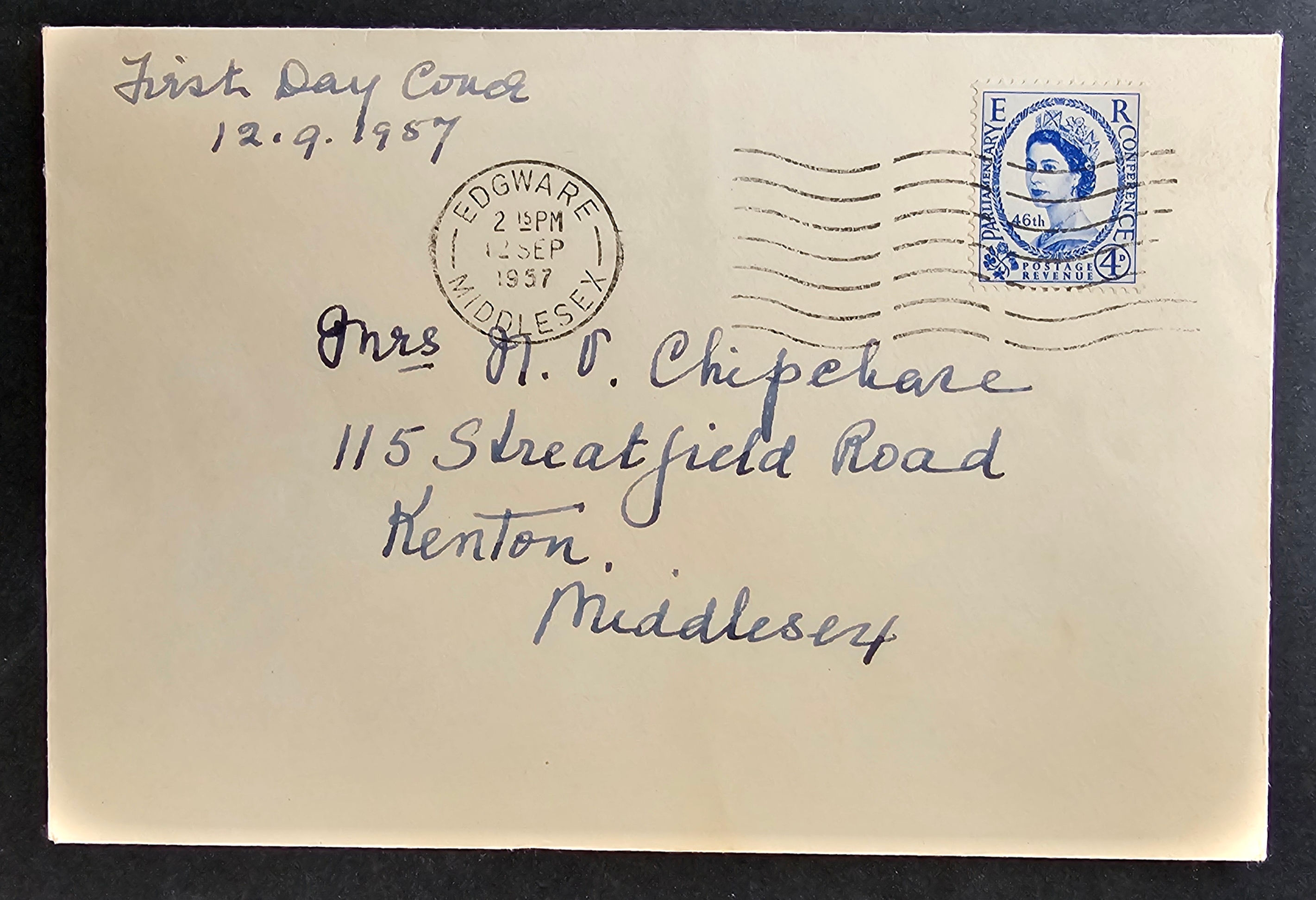 1957 Great Britain 46th IPU FDC ties 4d Stamp cd Edgware-Kenton