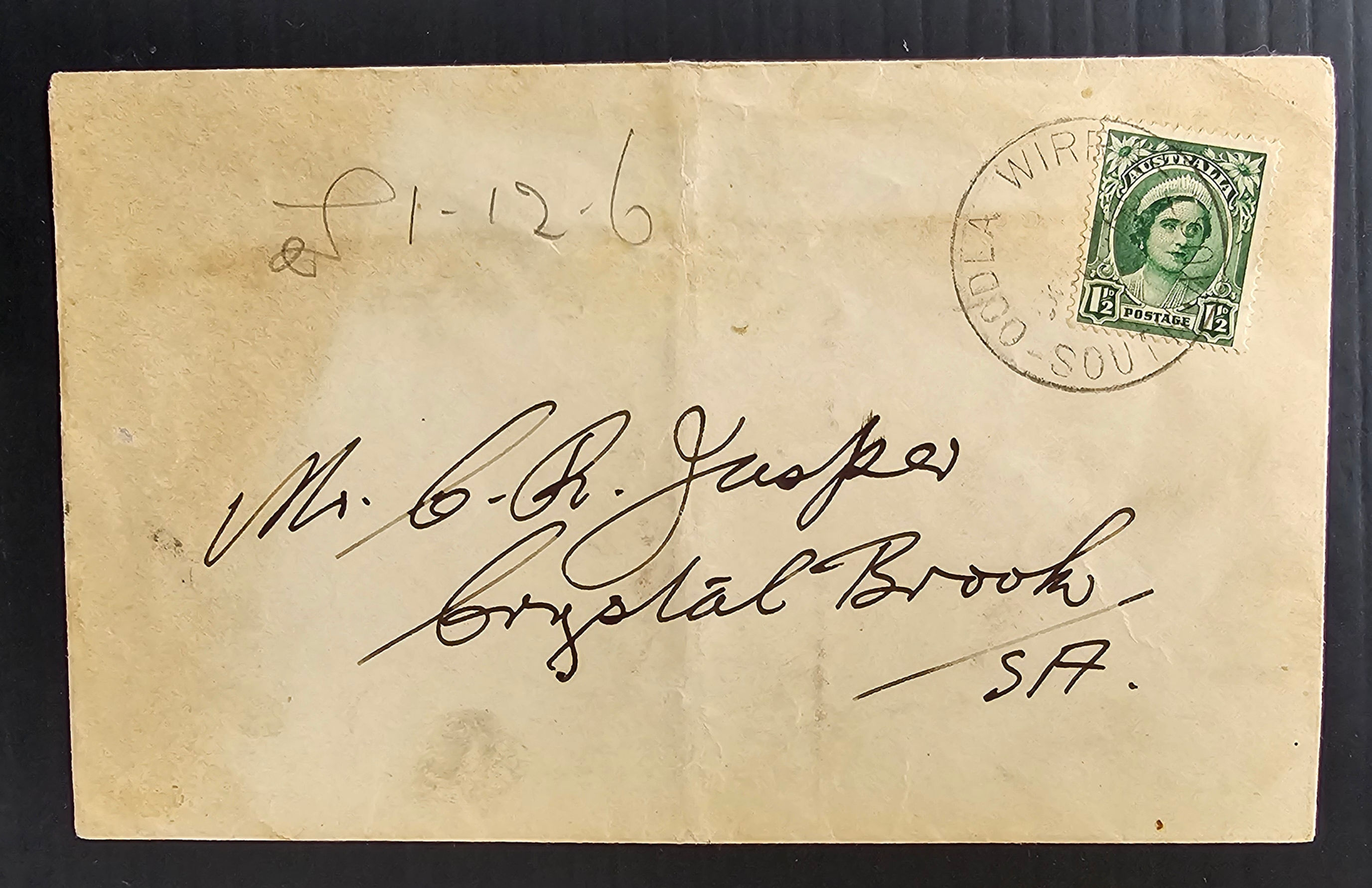 1945 Australia Cover ties 1.5d Green Queen Elizabeth stamp OODLA WIRRA Sth Aust