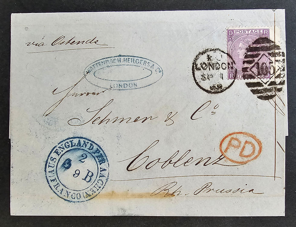 1869 Great Britain Entire ties 6d stamp cd London-Coblenz