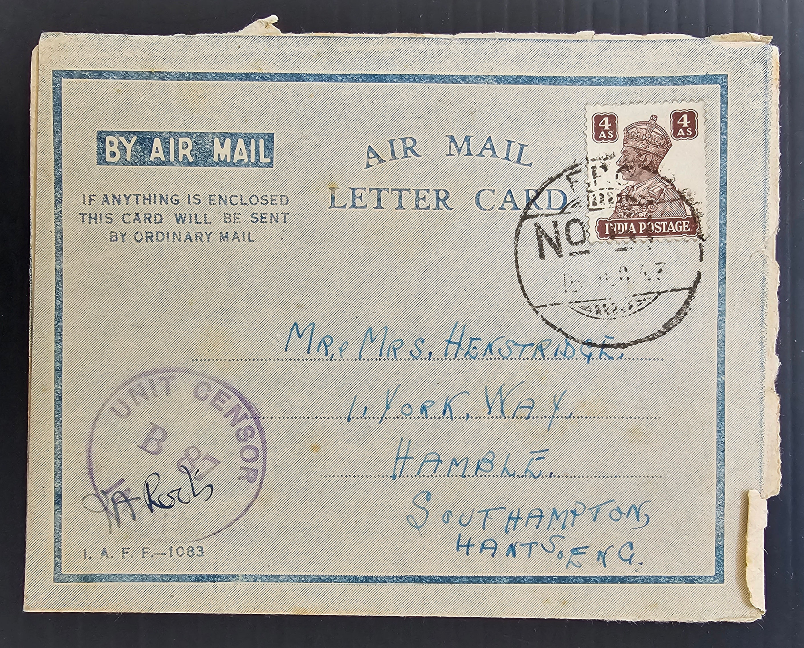 1943 India Censor Aerogramme ties 4A Stamp cd FPO-Hamble