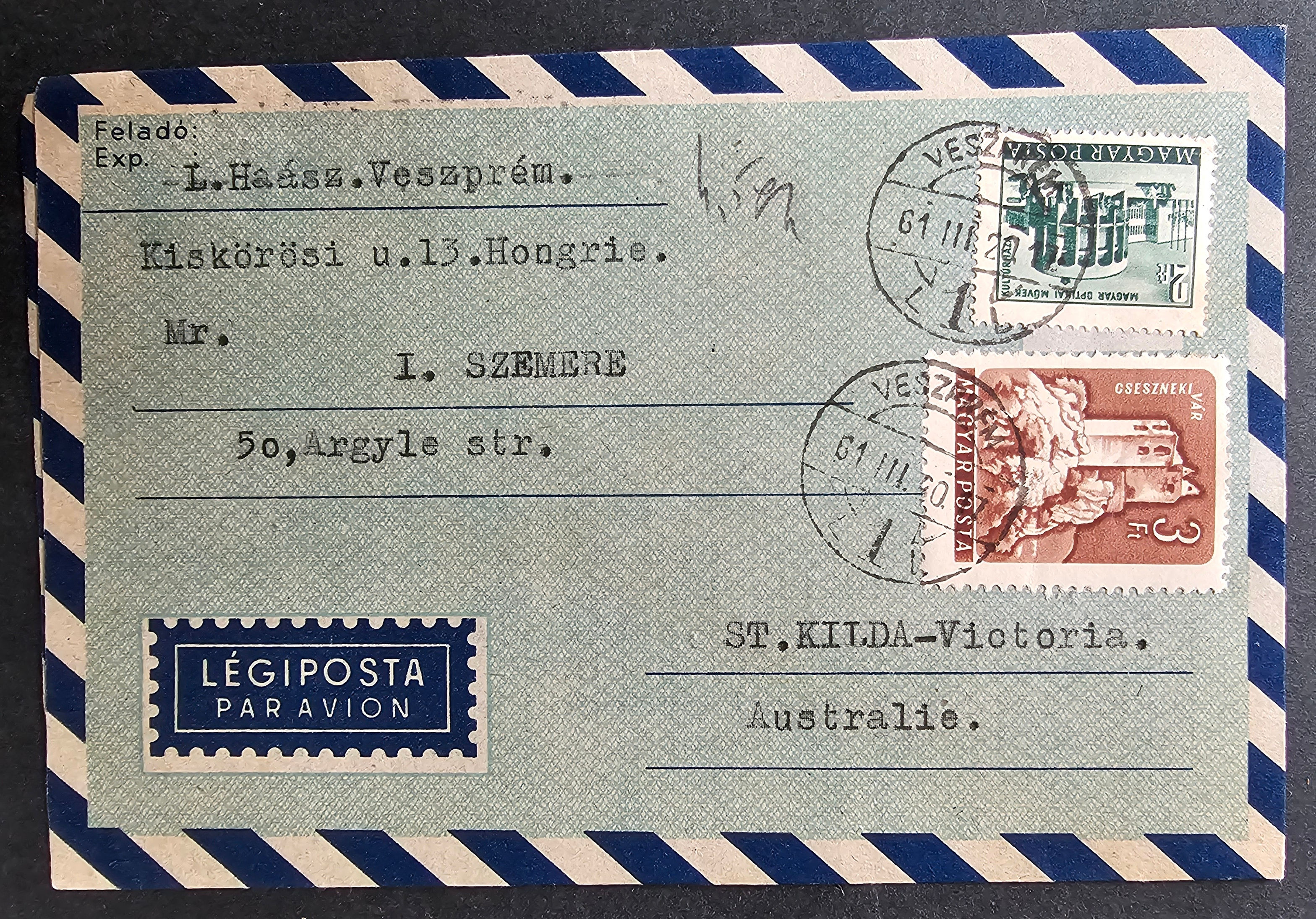 1961 Hungary Aerogramme ties 2 stamps cd Veszprem-St Kilda