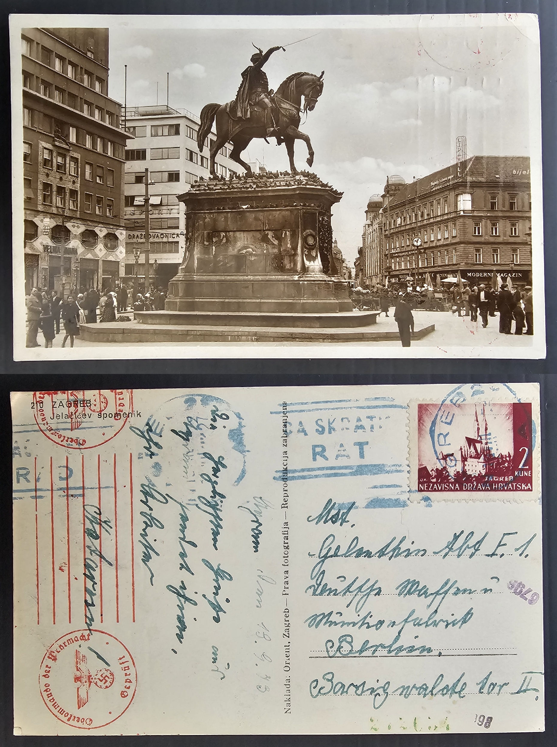 1943 Croatia Censor Postcard-Jelačićev 2K Stamp cd Zagreb-Berlin