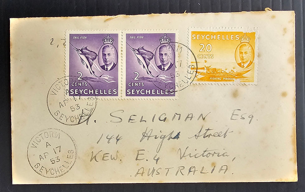 1953 Seychelles Cover ties 3 stamps cd Victoria-Kew
