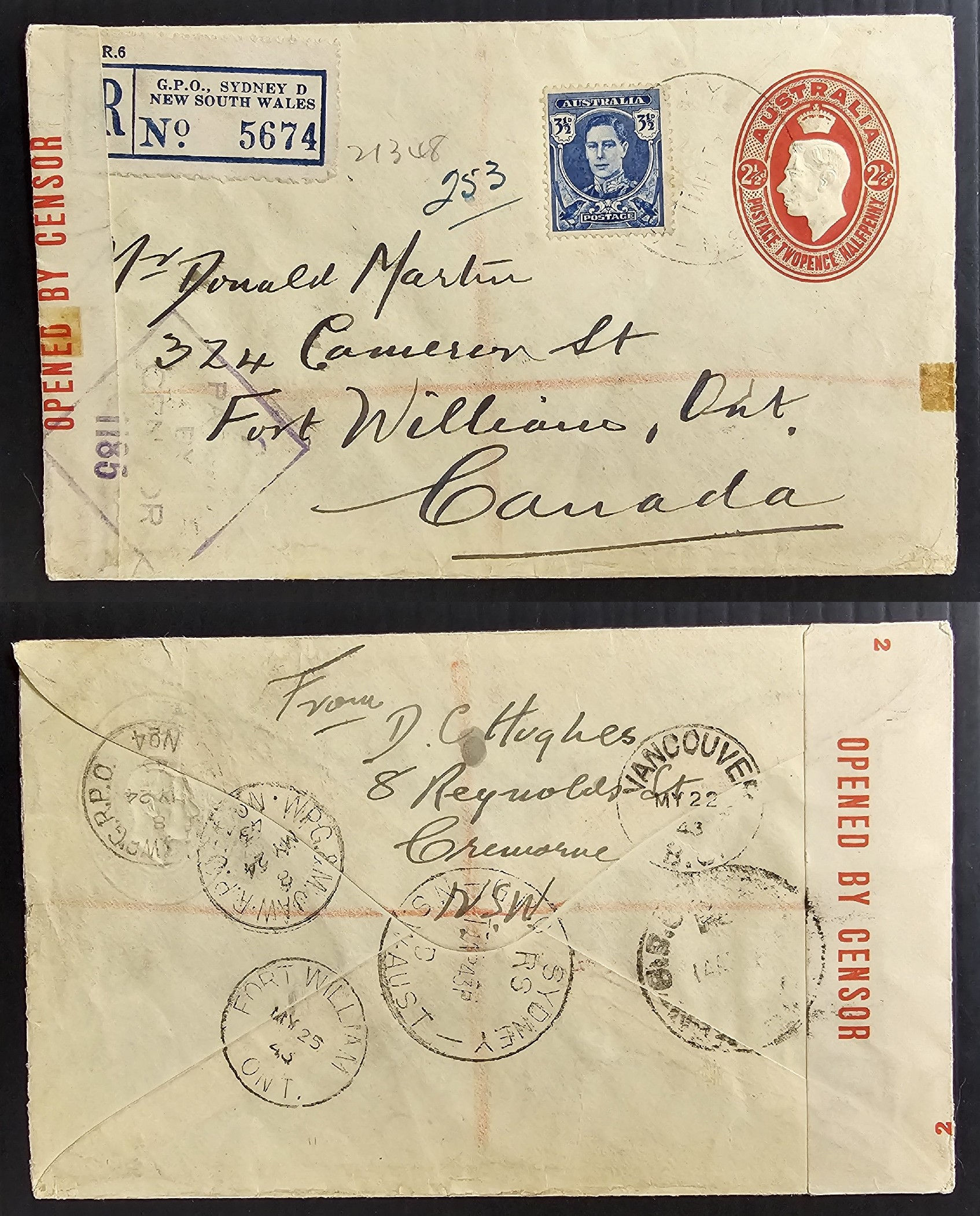 1943 Australia 2.5d Red KGV1 PrePrint Censor Cover Sysney Canada-Great Franking