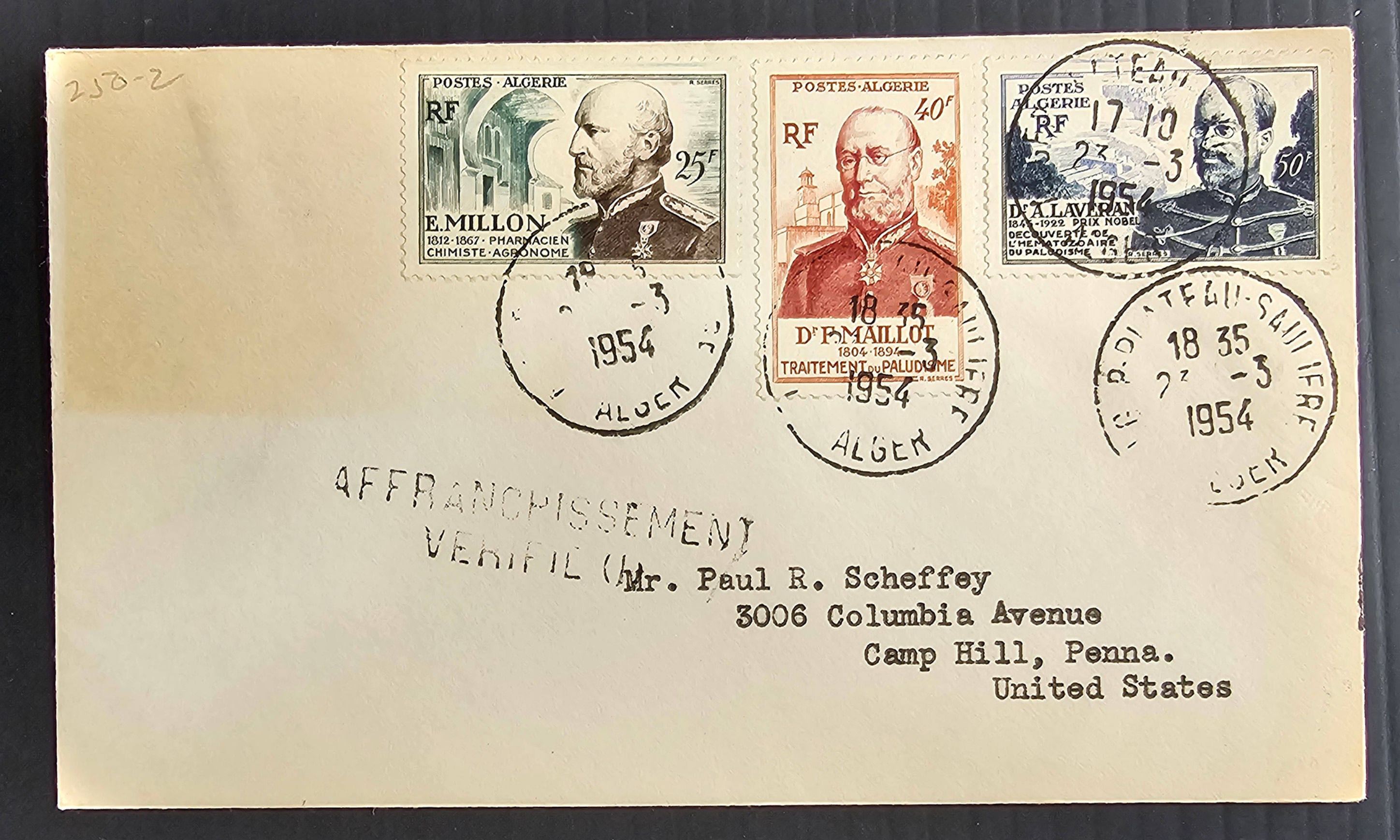 1954 Algeria Cover ties 3 stamps cd Plateau Sauliere-Camp Hill