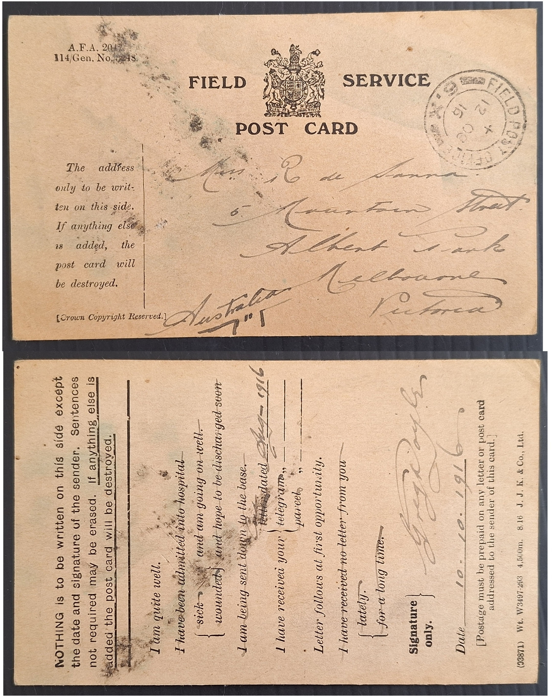 1915 Australia Field Service Postcard with Field Post Office 6X cd-Albert Park