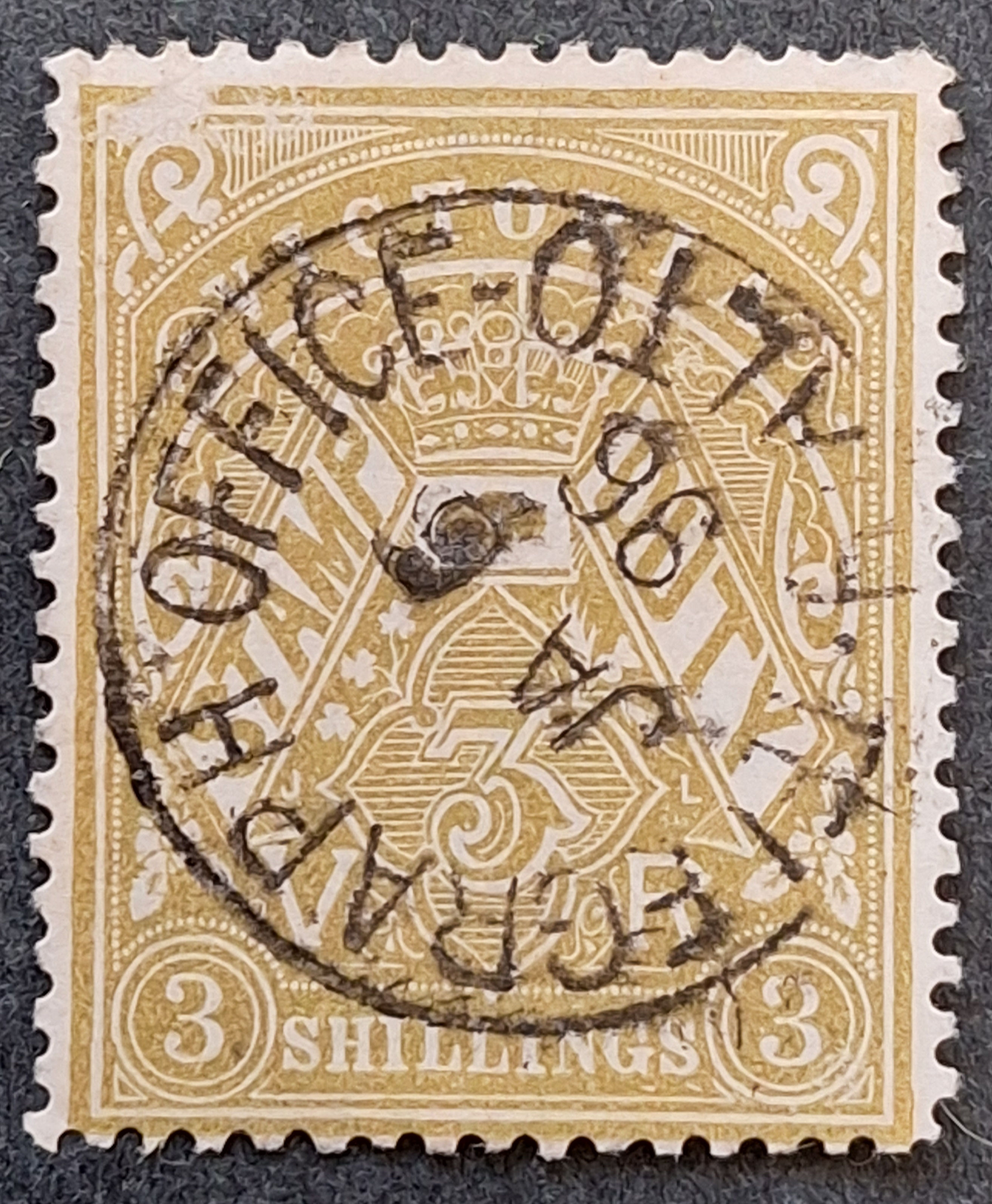 1896 Victoria Australia 3/- Ove Drb Stamp Duty RIALTO TELEGRAPH OFFICE PMK used