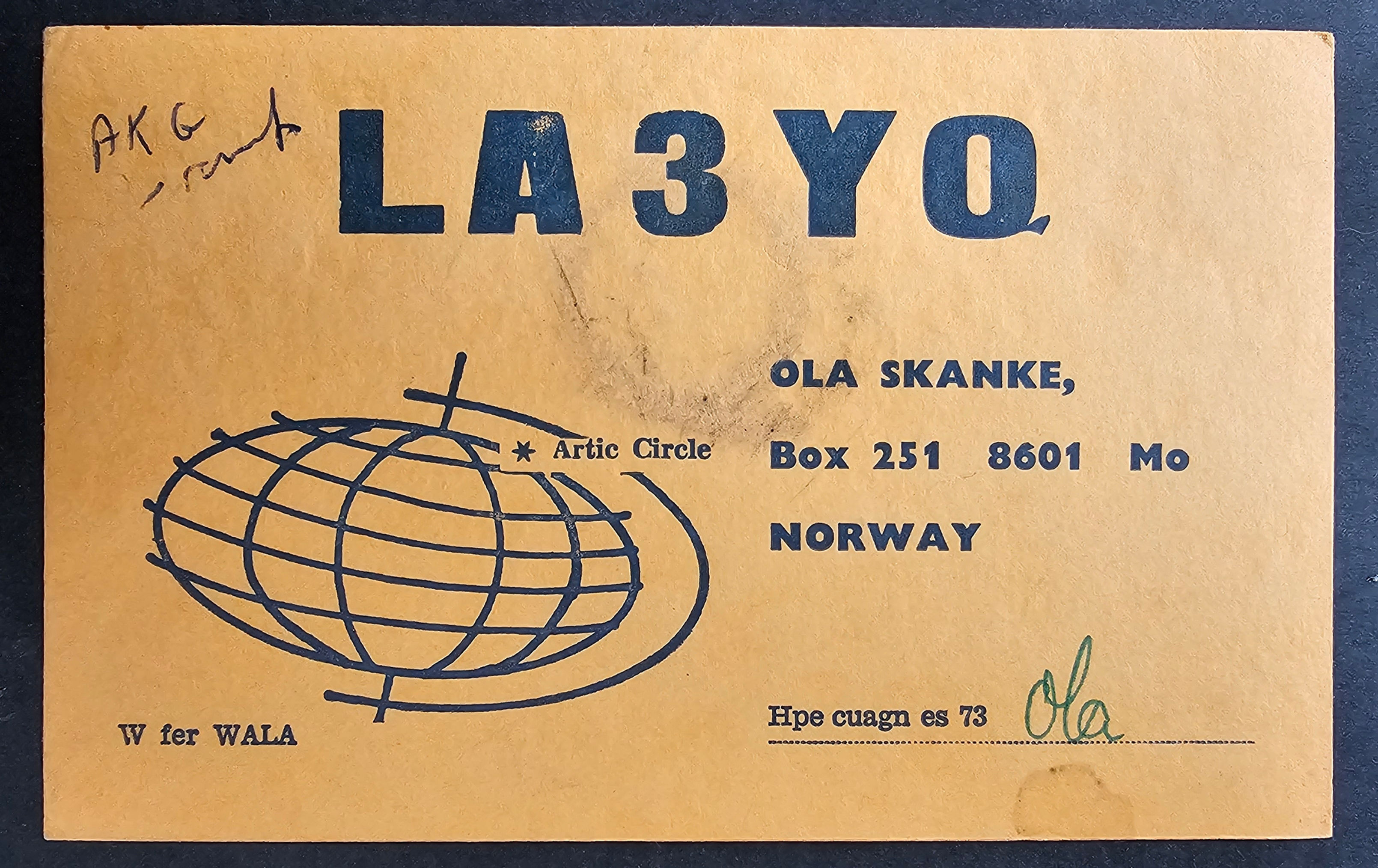 1972 Norway Amateur Radio Card-LA3YQ, Mo to VK2BJL Aust