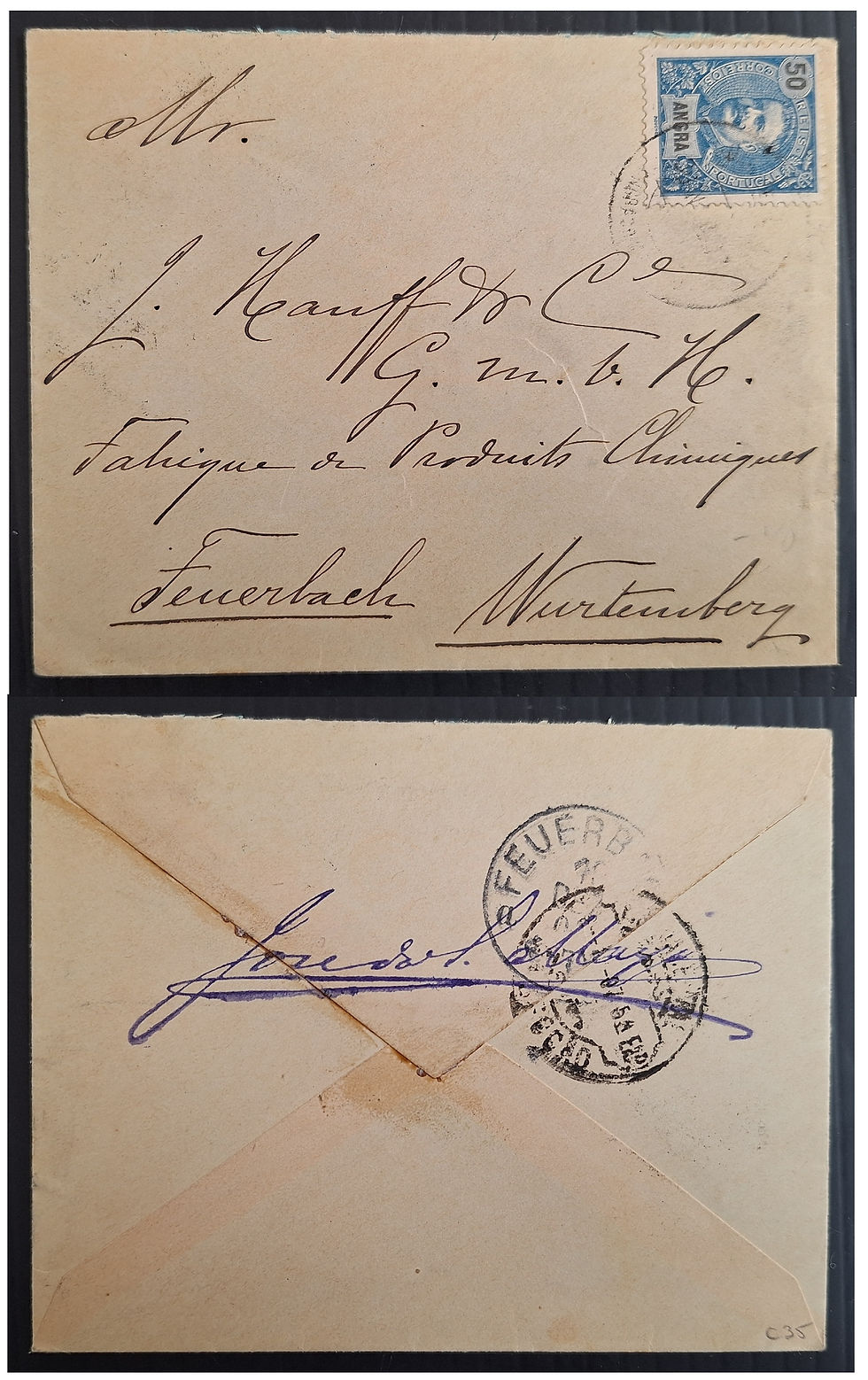 1907 Portugal Angra Cover ties 50R stamp sent to Feuerbach