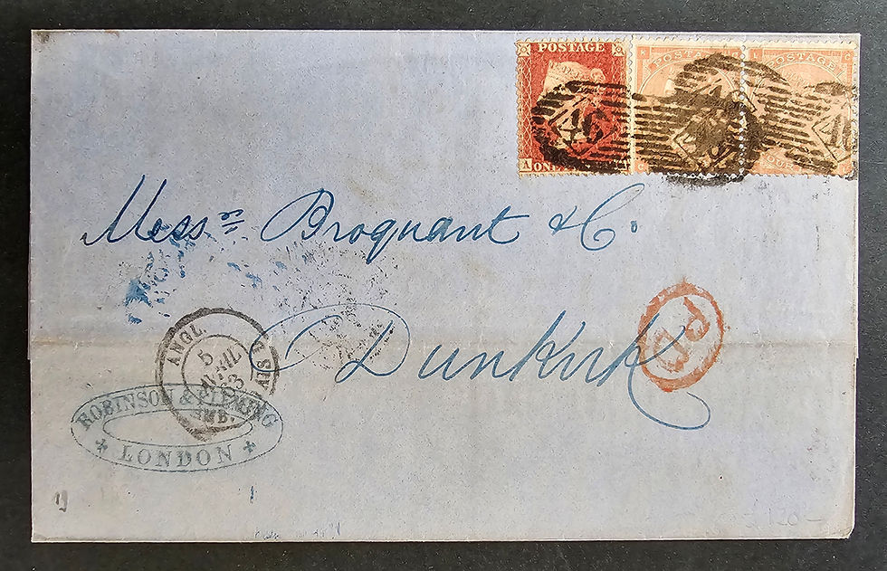 1863 Great Britain Entire ties 3 stamps cd Stepney, London-Dunkirk