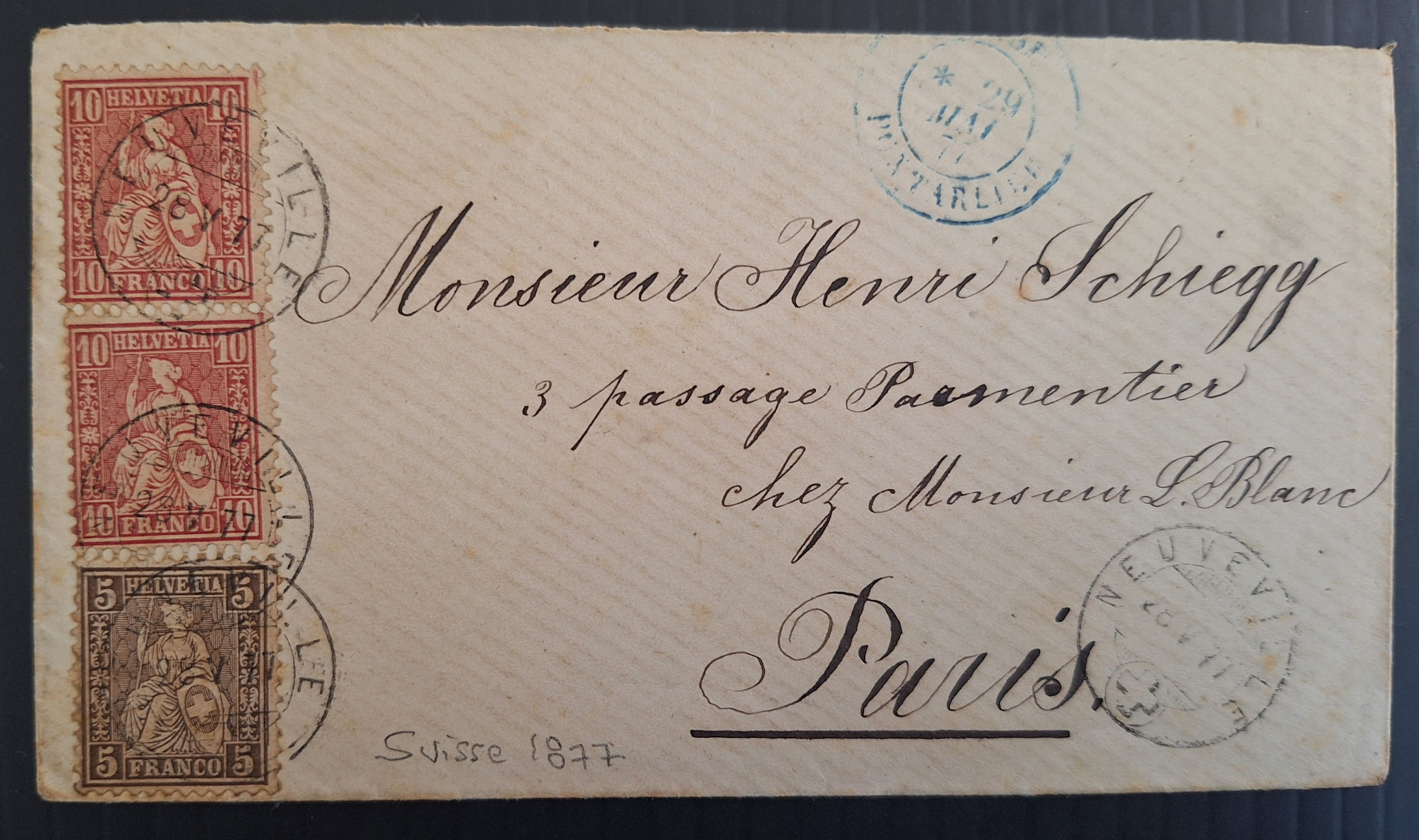 1877 Switzerland Cover ties 3 stamps cd Neuveville-Paris
