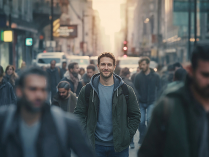 Homem branco de cerca de 30 anos, vestindo roupas casuais, caminha sorrindo suavemente em uma rua movimentada da cidade. Ele está em foco no centro da imagem, enquanto as demais pessoas ao redor aparecem desfocadas, com prédios e luzes urbanas ao fundo, criando uma atmosfera urbana e contemporânea.