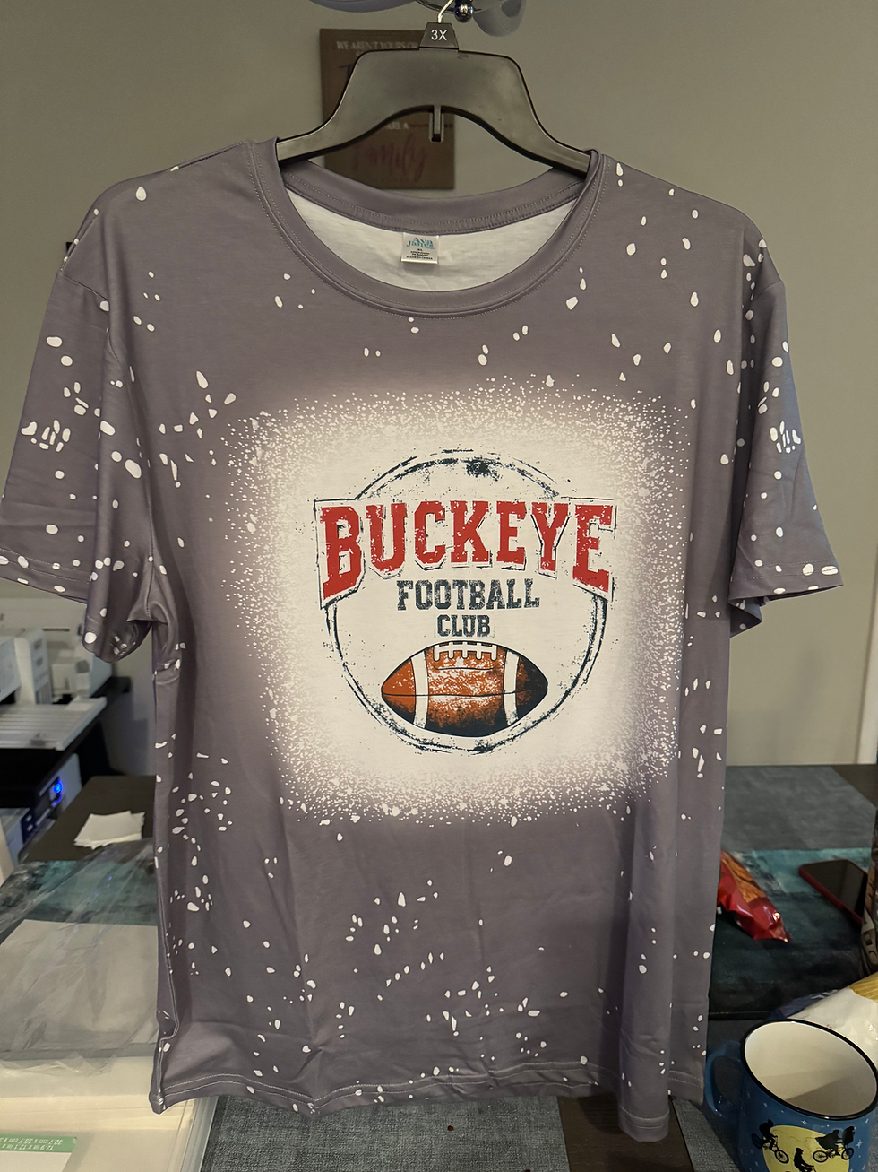 Gray t-shirt with "BUCKEYE FOOTBALL CLUB" logo and bleached pattern.
