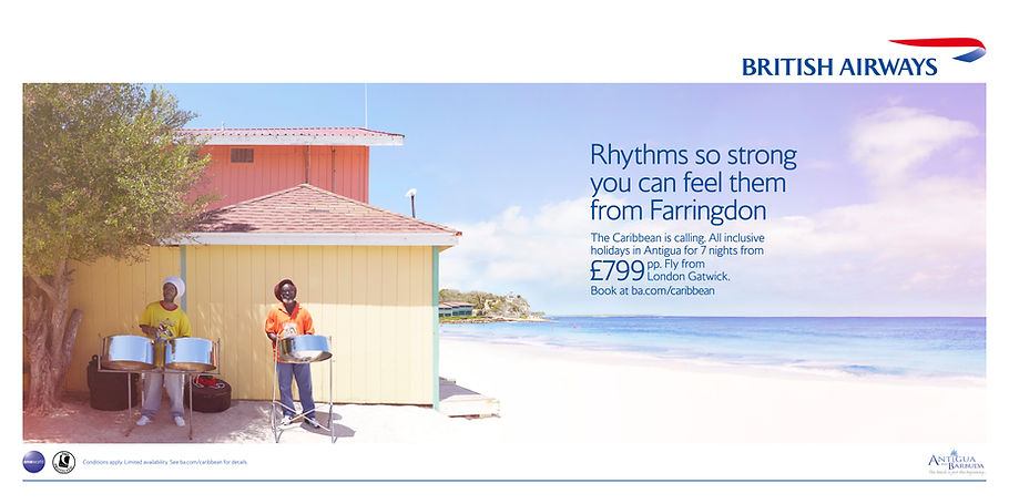 Steel drummers on a Carbbean beach, British Airways advert