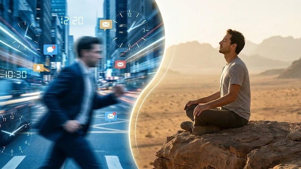 A contrast between busy professional life and mindful rest shows how strategic breaks, travel, and intentional time away can help professionals reduce stress and regain clarity.