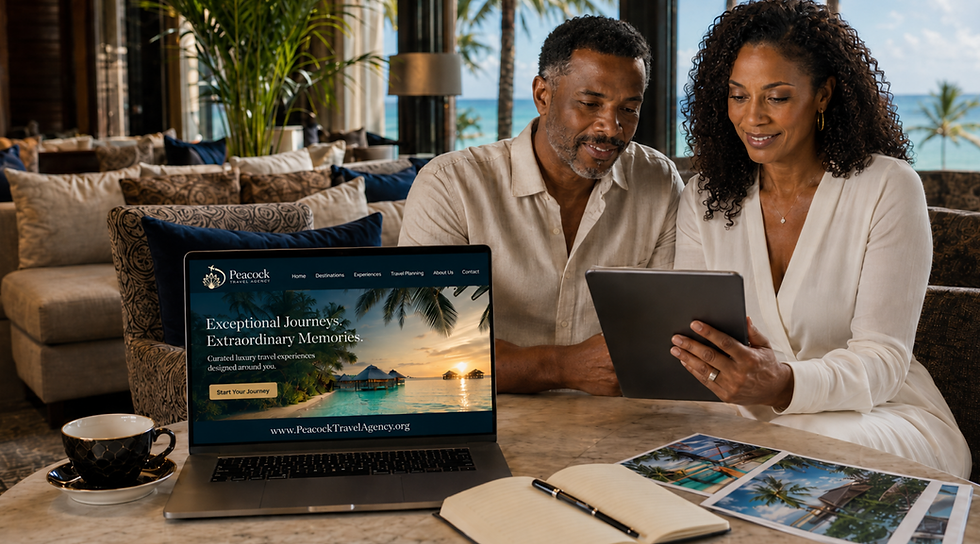 Couple reviewing vacation ideas with Peacock Travel Agency.