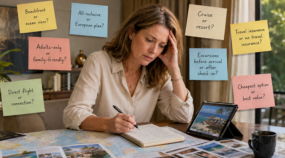 A lady overwhelmed by the many decisions to plan the perfect vacation.