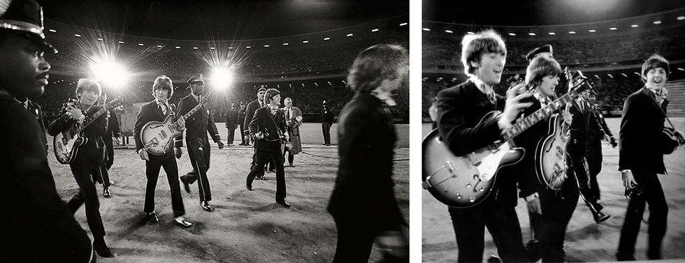 The Beatles walking towards the stage at Candlestick Park in San Francisco in 1966