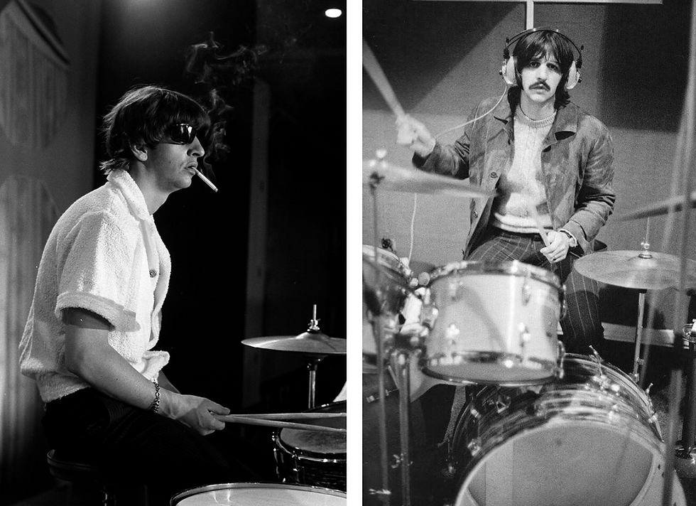 Ringo Starr rehearsing for the Ed Sullivan Show in 1964 and during the White Album sessions in 1968