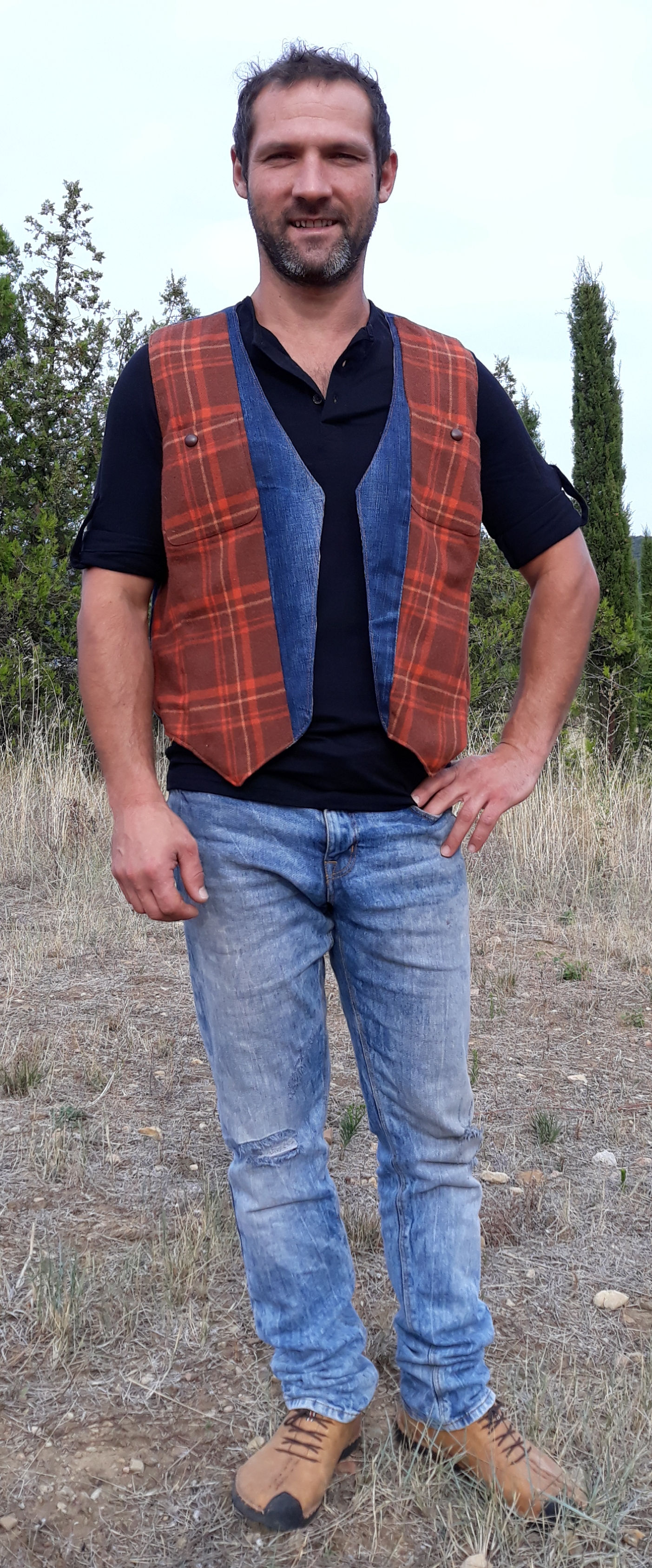 Gilet homme jean's tissu à carreaux rouille Vest hipster M