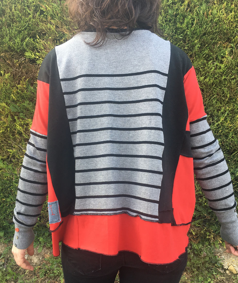 Miniature : Pull fin oversize. Rayé gris et noir. Rouge et noir. Refashion