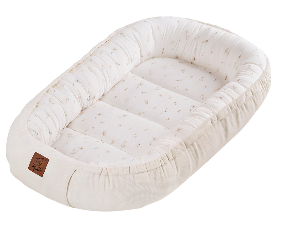 Premium Baby Nest – Beige Tiny Bloom | Cotton Satin Velvet