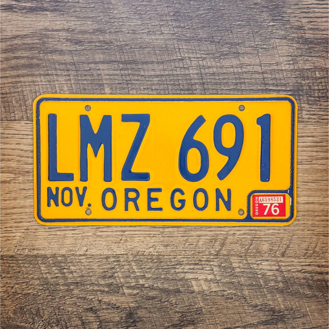 An original Oregon 1974-86 license plate.
