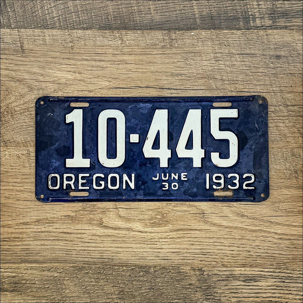 An original Oregon 1932 license plate. Dark blue with white letters.