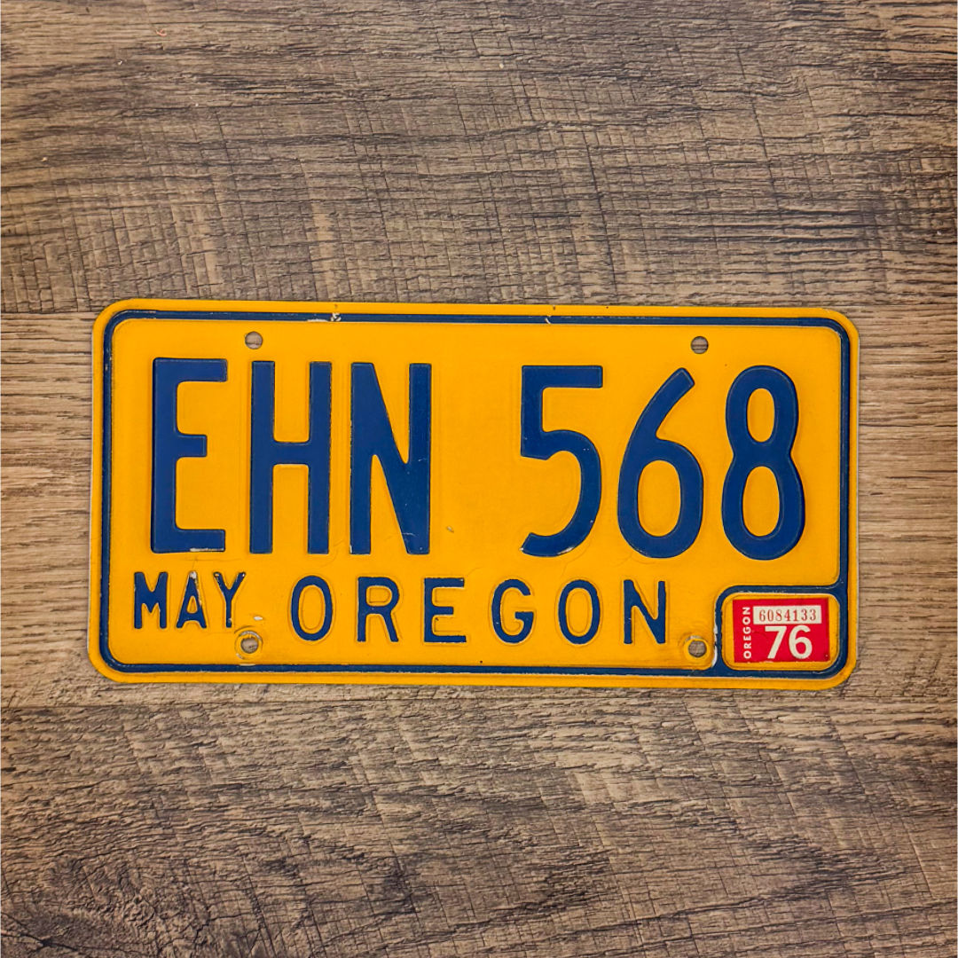 An original Oregon 1974-86 license plate.