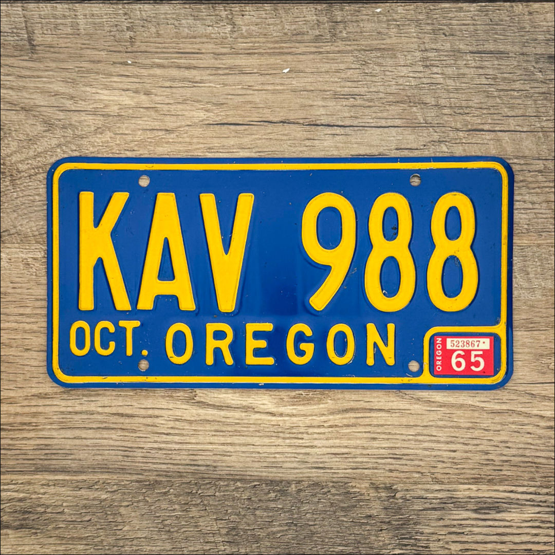 An original Oregon 1965-73 license plate.