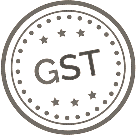 Circular badge with "GST" text, surrounded by a dotted border and stars.