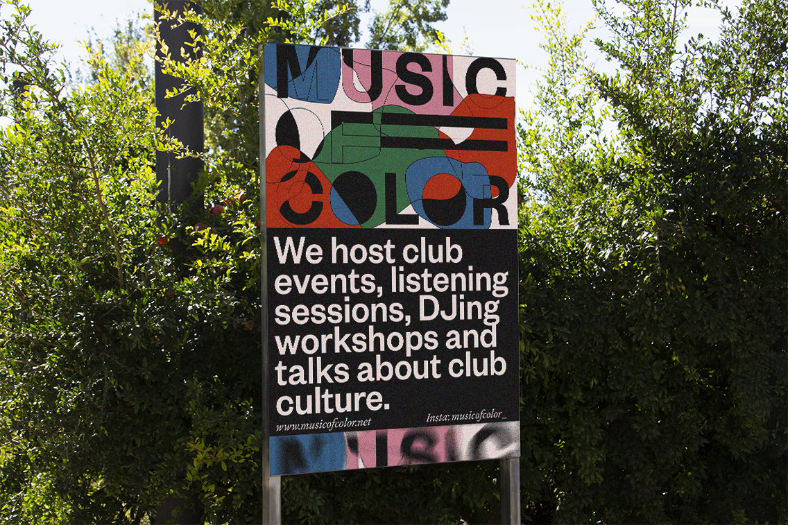 Sign displaying "MUSIC", "COLOR", and event details about club culture.