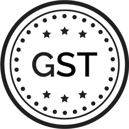 Black and white circular stamp with "GST" text, surrounded by stars.