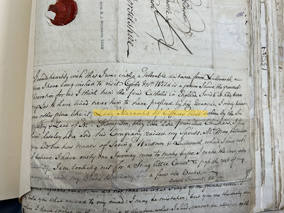 Photo of part of a letter written in 1788. The words 'Lady Mannocks of Giffords Hall' have been highlighted.